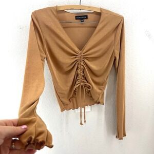 Electrica Ruched Drawstring‎ Front Ribbed Top Womens M Shimmer Tan Y2K Bratz